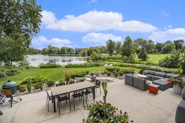 1950 Robinson Rd SE, East Grand Rapids, MI 49506 - view of patio featuring an outdoor living space, a water view, outdoor dining area, and area for grilling