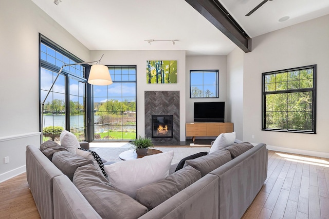 1950 Robinson Rd SE, East Grand Rapids, MI 49506 - living room with track lighting, wood finished floors, baseboards, a premium fireplace, and beam ceiling
