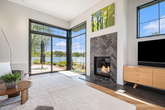 1950 Robinson Rd SE, East Grand Rapids, MI 49506 - living area with a high end fireplace, a high ceiling, and wood finished floors