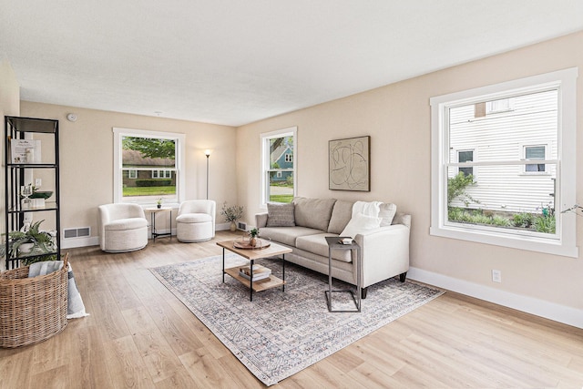 living area with light wood finished floors and baseboards