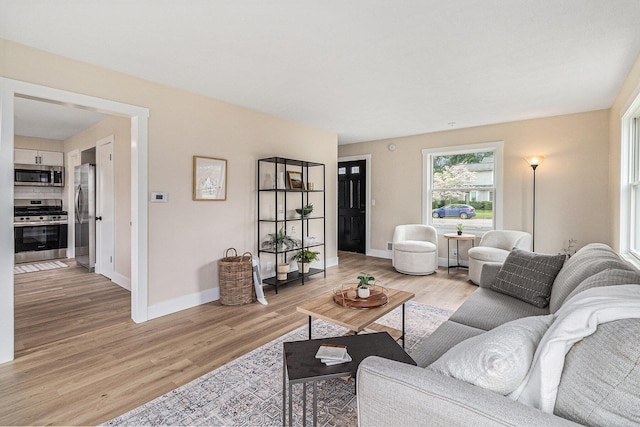 living area featuring baseboards and light wood finished floors