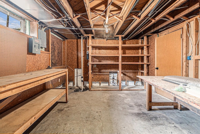 below grade area with a workshop area and electric panel