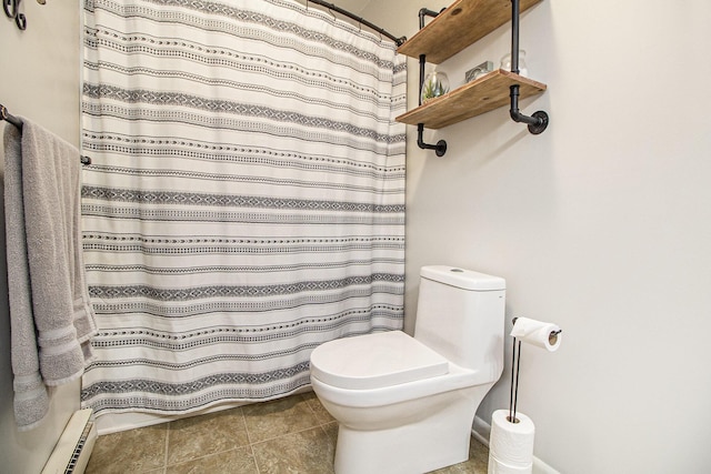 bathroom featuring a baseboard heating unit, toilet, tile patterned flooring, and curtained shower