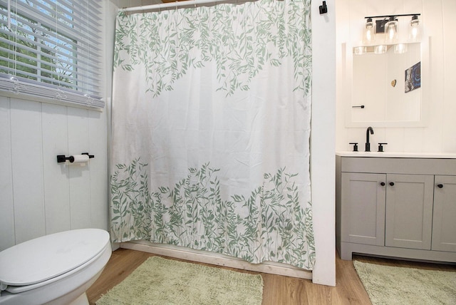 2228 Regent St, Kalamazoo, MI 49004 - bathroom with wood finished floors, toilet, a shower with curtain, and vanity