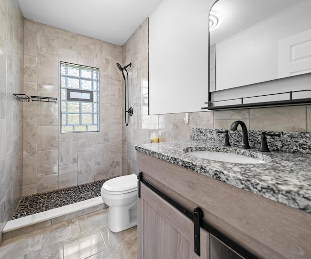 24108 Martinsville Rd, Belleville, MI 48111 - full bath featuring a tile shower, toilet, vanity, tile walls, and decorative backsplash