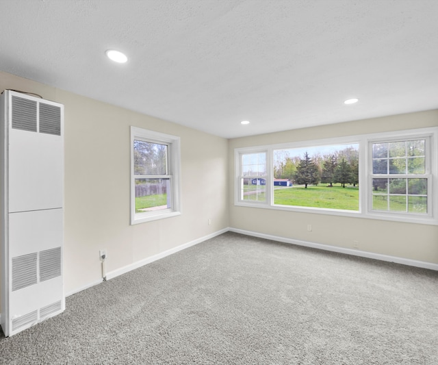 24108 Martinsville Rd, Belleville, MI 48111 - empty room with a heating unit, carpet, baseboards, recessed lighting, and a textured ceiling