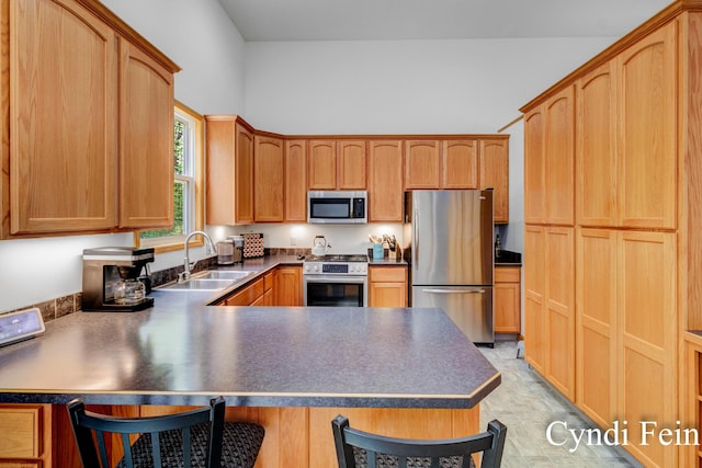 2970 Braden Blvd, Dorr, MI 49323 - kitchen with stainless steel appliances, a sink, a peninsula, a breakfast bar, and dark countertops