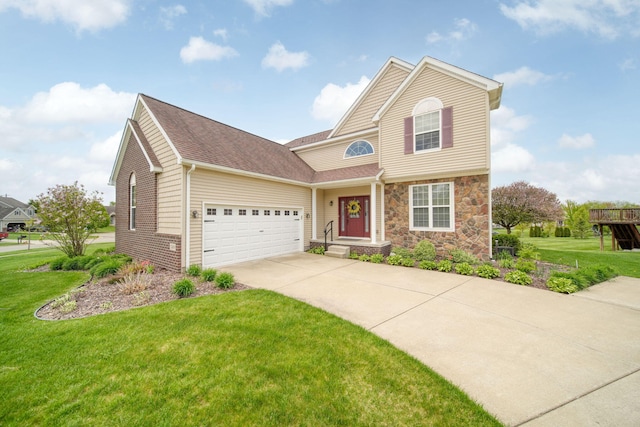 510 Edward J St, Clinton, MI 49236 - traditional-style house featuring concrete driveway, an attached garage, a front lawn, stone siding, and roof with shingles
