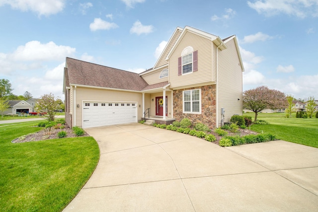 510 Edward J St, Clinton, MI 49236 - traditional home with stone siding, driveway, a front yard, and a garage