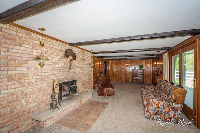 12498 Daling Ct NW, Grand Rapids, MI 49534 - carpeted living area featuring beam ceiling, a fireplace, and wooden walls