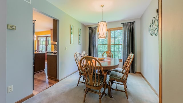 dining room with light carpet, healthy amount of natural light, and baseboards