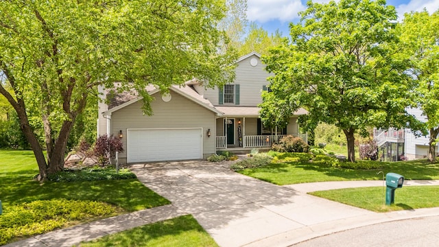 view of front facade featuring concrete driveway, a porch, a front lawn, and a garage