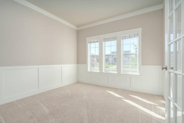 unfurnished room featuring ornamental molding, wainscoting, carpet floors, and a decorative wall