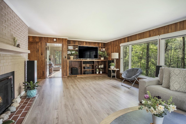 living room featuring a fireplace, wood walls, healthy amount of natural light, crown molding, and wood finished floors