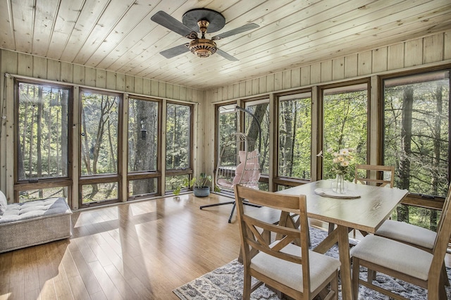sunroom / solarium featuring wooden ceiling, wood walls, wood finished floors, and a deck