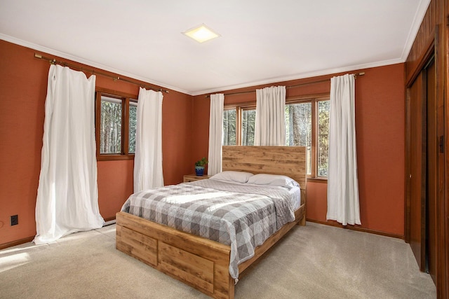 bedroom featuring multiple windows, light carpet, crown molding, baseboards, and a closet