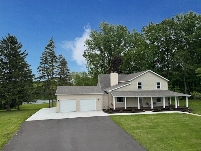 928 Lincoln St, Grand Rapids, MI 49534 - view of front facade featuring asphalt driveway, an attached garage, a porch, a front lawn, and a chimney