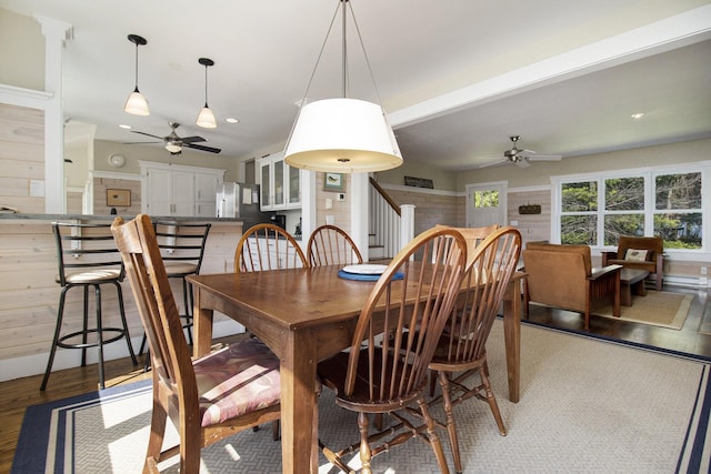 2177 S Lakeshore Dr, Ludington, MI 49431 - dining area with ceiling fan, stairway, wood finished floors, and recessed lighting