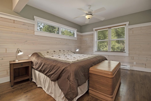 2177 S Lakeshore Dr, Ludington, MI 49431 - bedroom with wooden walls, wood finished floors, baseboard heating, and a ceiling fan