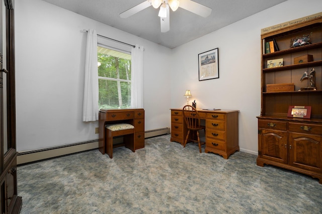carpeted home office featuring baseboard heating and a ceiling fan