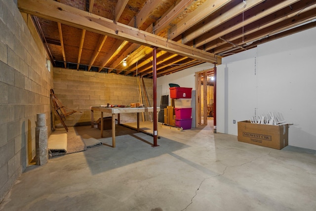 unfinished below grade area featuring concrete block wall