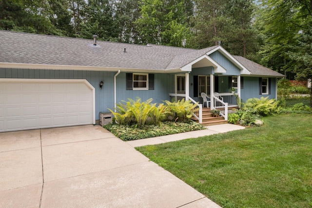 ranch-style house featuring a shingled roof, a porch, concrete driveway, a front lawn, and an attached garage