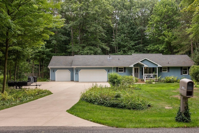 single story home featuring a garage, a porch, driveway, a front yard, and a shingled roof
