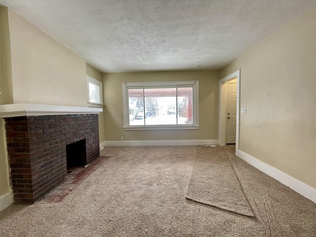 16254 Monica St, Detroit, MI 48221 - unfurnished living room with carpet floors, a brick fireplace, a textured ceiling, and baseboards