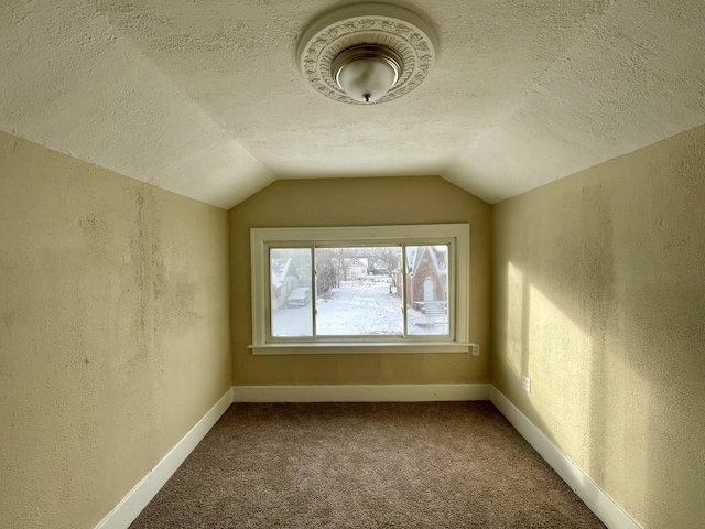16254 Monica St, Detroit, MI 48221 - bonus room with a textured wall, carpet floors, lofted ceiling, a textured ceiling, and baseboards