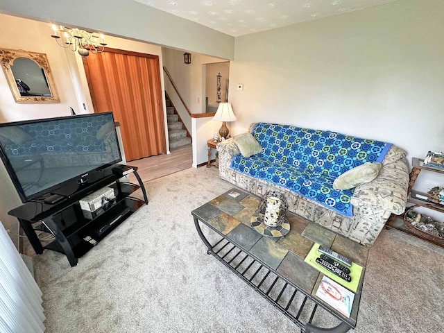 2565 Carleton Rockwood Rd, Carleton, MI 48117 - living area with carpet flooring, stairway, and a chandelier