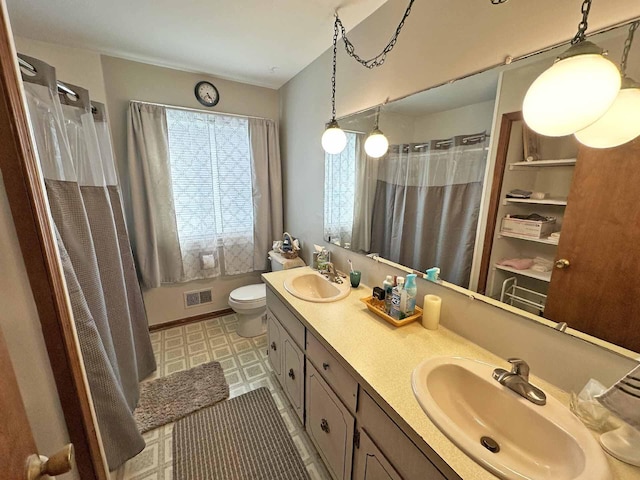 2565 Carleton Rockwood Rd, Carleton, MI 48117 - bathroom featuring tile patterned floors, toilet, a shower with shower curtain, and double vanity