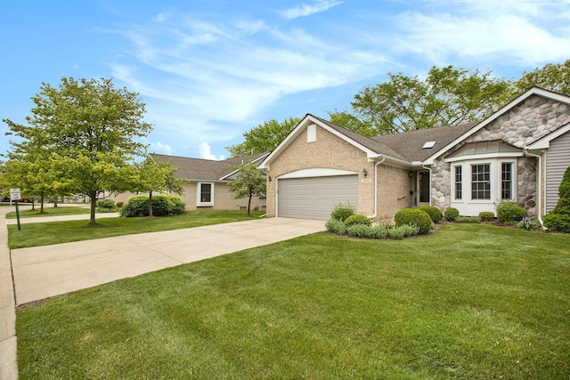 7343 Green Meadow Ln, Canton, MI 48187 - single story home featuring stone siding, an attached garage, driveway, a front lawn, and roof with shingles