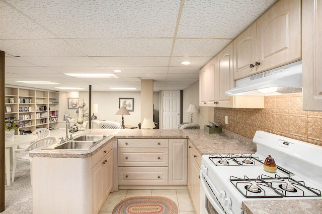 7343 Green Meadow Ln, Canton, MI 48187 - kitchen with white range with gas cooktop, under cabinet range hood, a sink, a peninsula, and light countertops