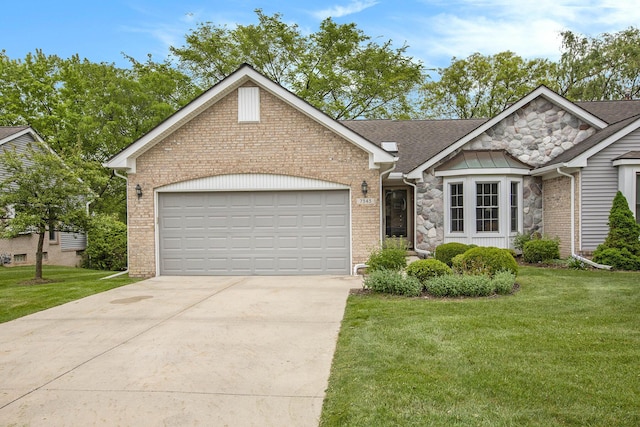 7343 Green Meadow Ln, Canton, MI 48187 - view of front of property featuring stone siding, driveway, a garage, and a front lawn