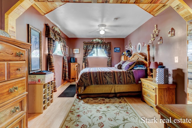 bedroom featuring light wood finished floors and ceiling fan