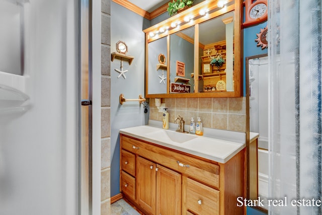 full bathroom featuring decorative backsplash, ornamental molding, and vanity