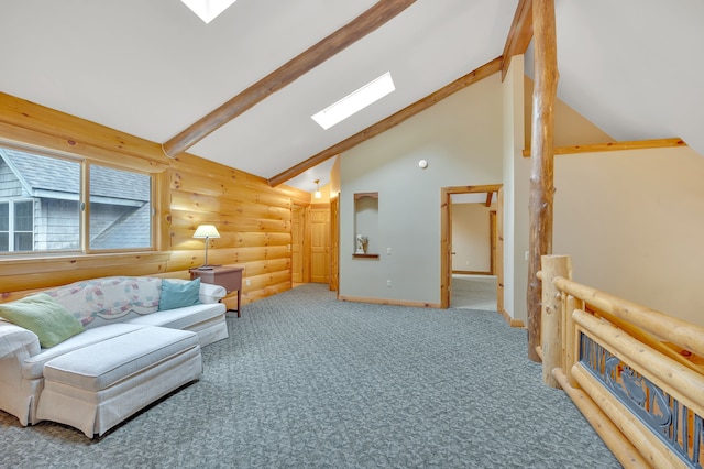 3118 Pratt Ln, Attica, MI 48412 - carpeted living area featuring a skylight, rustic walls, high vaulted ceiling, beam ceiling, and baseboards