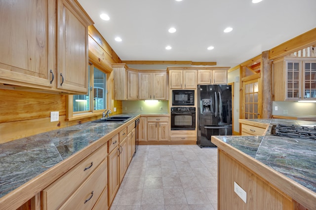 3118 Pratt Ln, Attica, MI 48412 - kitchen featuring black appliances, light brown cabinetry, a sink, tile counters, and recessed lighting