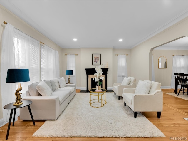 17524 Woodingham Dr, Detroit, MI 48221 - living room featuring baseboards, arched walkways, light wood-style flooring, ornamental molding, and recessed lighting
