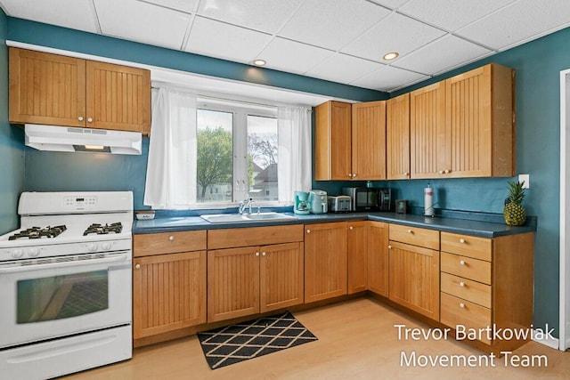 2200 Morton Ave, Muskegon, MI 49441 - kitchen featuring gas range gas stove, under cabinet range hood, a sink, a paneled ceiling, and dark countertops