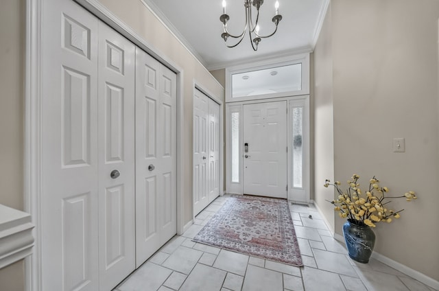 3123 Fairgrove Ter, Rochester Hills, MI 48309 - entrance foyer with a chandelier, ornamental molding, baseboards, and light tile patterned flooring