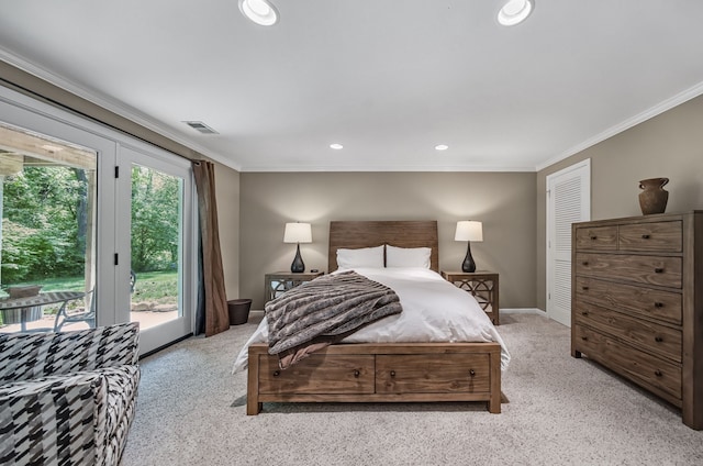 3123 Fairgrove Ter, Rochester Hills, MI 48309 - bedroom featuring carpet floors, access to outside, crown molding, recessed lighting, and baseboards