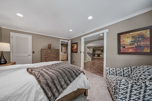 3123 Fairgrove Ter, Rochester Hills, MI 48309 - bedroom with arched walkways, recessed lighting, crown molding, and baseboards