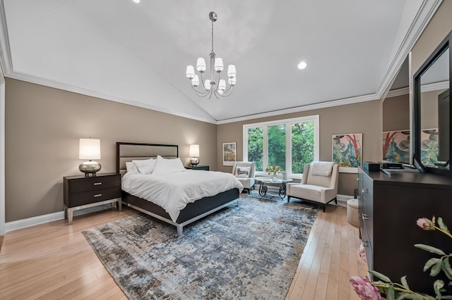 3123 Fairgrove Ter, Rochester Hills, MI 48309 - bedroom featuring a chandelier, light wood-type flooring, vaulted ceiling, crown molding, and baseboards