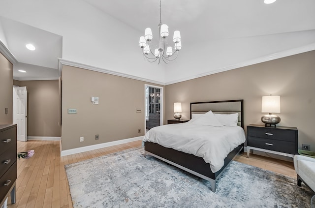 3123 Fairgrove Ter, Rochester Hills, MI 48309 - bedroom with a chandelier, baseboards, ornamental molding, light wood-style floors, and recessed lighting