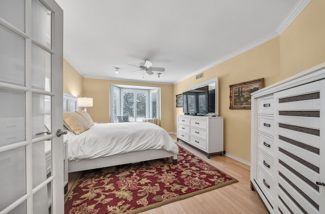 3123 Fairgrove Ter, Rochester Hills, MI 48309 - bedroom with ornamental molding, light wood-style flooring, a ceiling fan, and baseboards