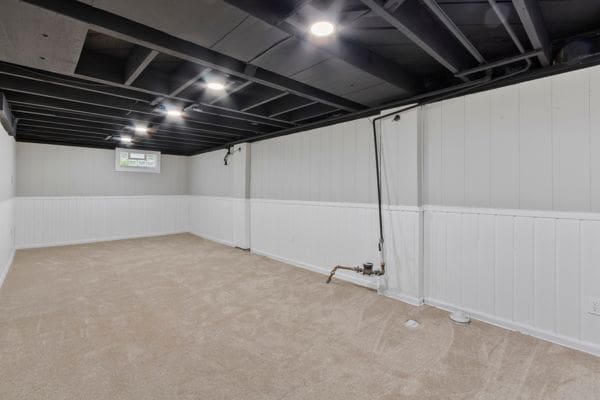 basement with carpet and a decorative wall