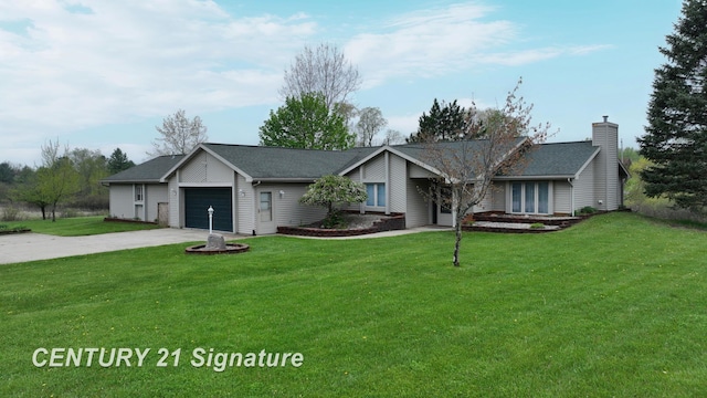 5489 Winchester Way, Gladwin, MI 48624 - view of front facade with an attached garage, driveway, a front lawn, and a chimney