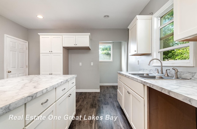 1006 Cass Ave, Bay City, MI 48708 - kitchen featuring a sink, light countertops, white cabinetry, baseboards, and dark wood finished floors