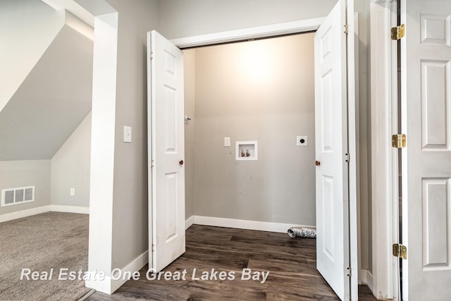 1006 Cass Ave, Bay City, MI 48708 - laundry area with electric dryer hookup, hookup for a washing machine, baseboards, and dark wood finished floors